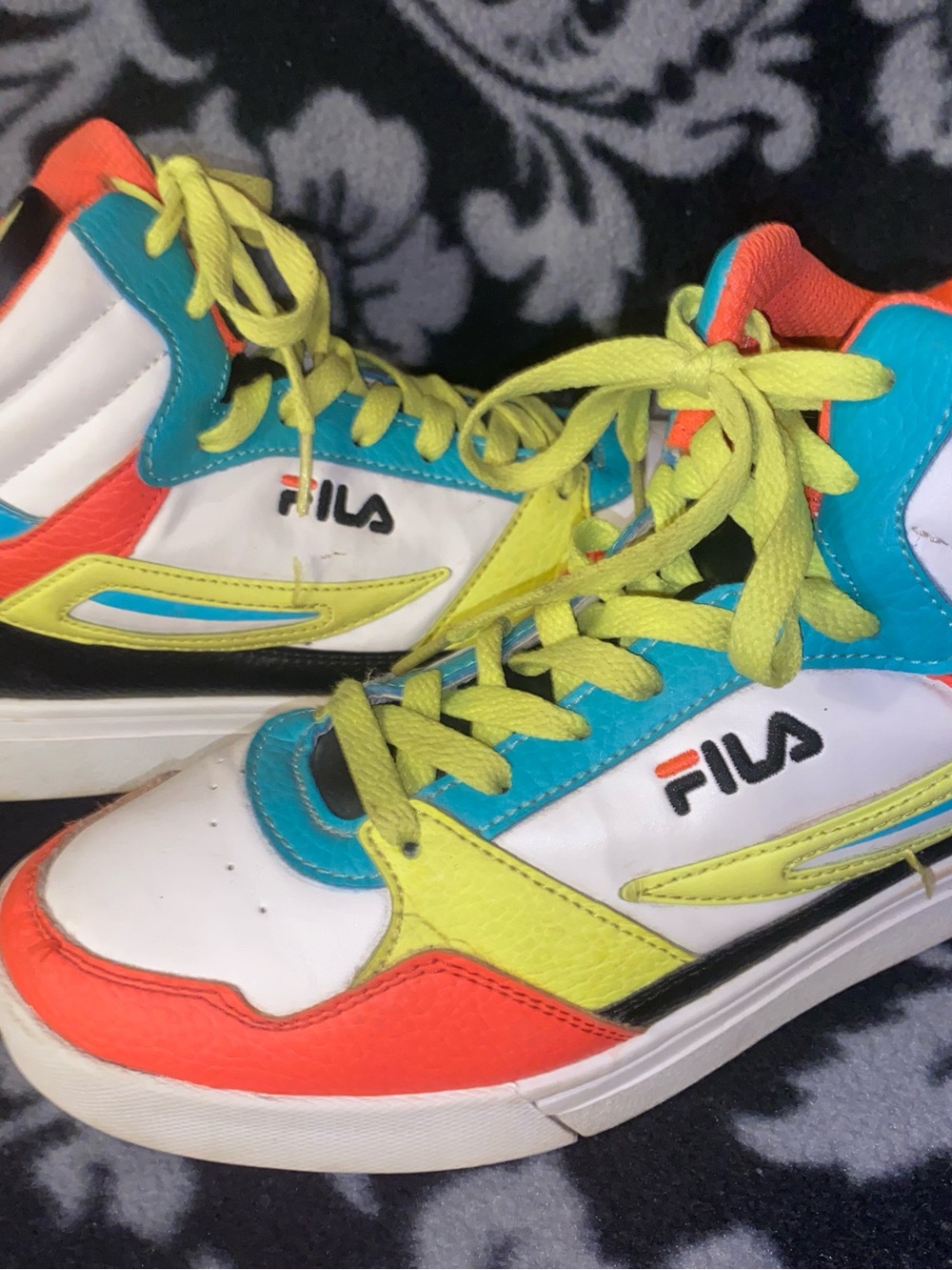 Fila High-Top Sneakers in White, Teal, Neon Yellow & Coral